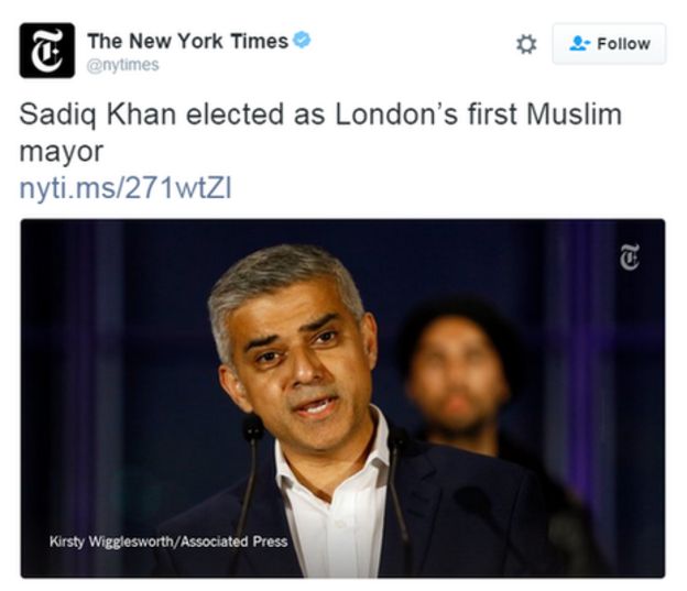 Tweet by New York Times: Sadiq Khan elected as London's first Muslim mayor