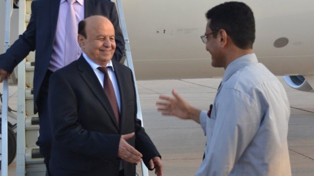 Abdrabbuh Mansour Hadi arrives in Aden, Yemen (22 September 2015)