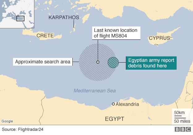 Map showing area of Mediterranean where search for MS804 debris is focused