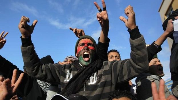 Demonstrators demand the removal of Libyan leader Muammar Gaddafi on February 24, 2011 in Benghazi, Libya