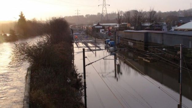 A flooded railway line at Kirkstall, Leeds