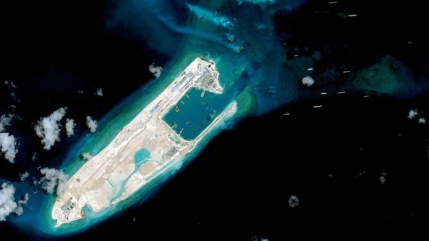 Satellite image of what some say is an airstrip being built on Fiery Cross Reef in the Spratly Islands in the disputed South China Sea.