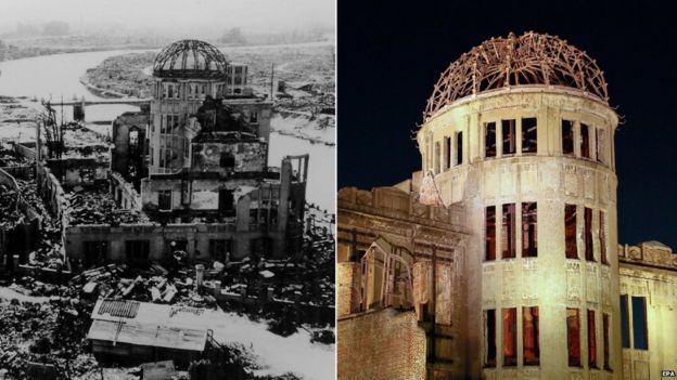 This building, now called the A Bomb Dome, survived the atomic blast and today it's a memorial