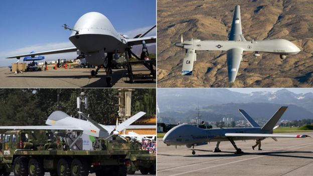 Clockwise from top left: MQ-9 Reaper, MQ-1 Predator, Hermes 900, Wing Loong