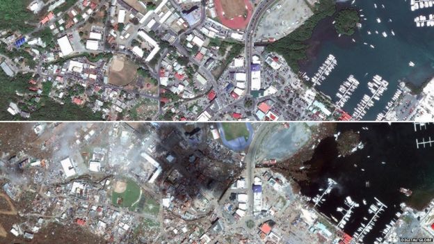 Comp of Road Town, Tortola before and after Irma