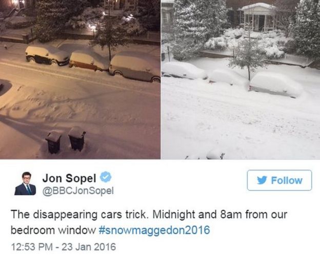 Tweet by BBC's Jon Sopel showing snow in Washington - 23 January 2016