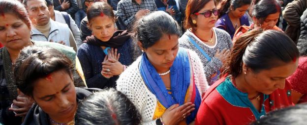 Nepalese Ethnic Madhesi leaders and supporters observe a minute of silence in the memory of people killed in protest while marking 100 days since the beginning of ethnic Madhes protests in Kathmandu, Nepal, 23 November 2015