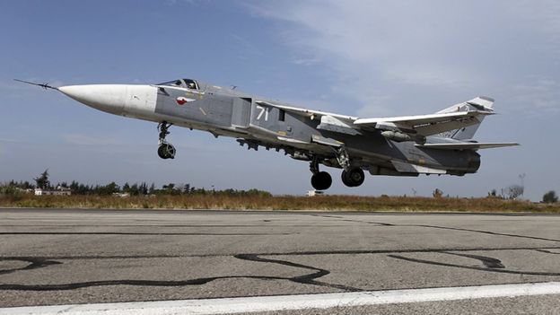 File photo from Russia's Defence Ministry shows a Sukhoi Su-24 fighter jet taking off from the Hmeymim air base near Latakia