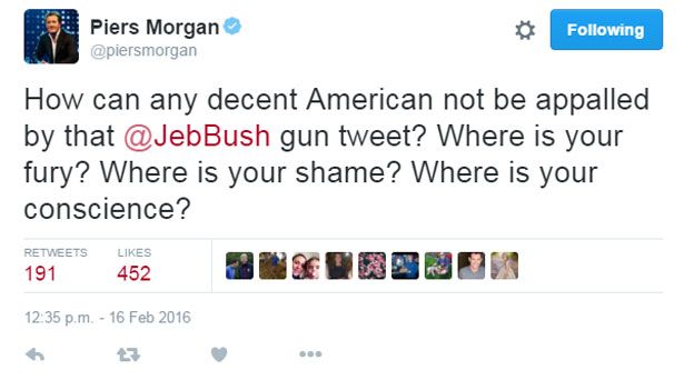 How can any decent American not be appalled by that @JebBush gun tweet? Where is your fury? Where is your shame? Where is your conscience?