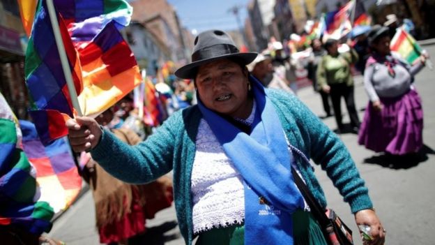 Supporters of Bolivian President Evo Morales march in La Paz, Bolivia on 23 October