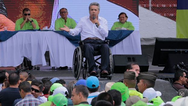 Ecuadorean presidential candidate Lenin Moreno addresses an audience