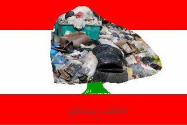 Twitter image depicting the flag of the Lebanon with the tree in the middle replaced by a pile of trash