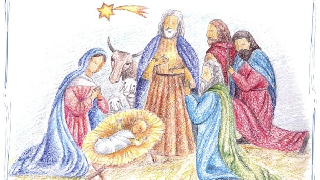 Escena con María, José, niño Jesús y los Reyes Magos