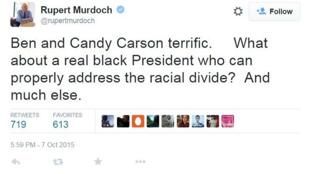 Murdoch tweet: Ben and Candy Carson terrific. What about a real black President who can properly address the racial divide? And much else.