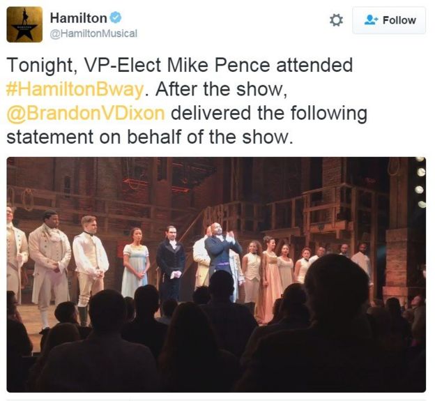 Mike Pence, VP-elect, booed at Hamilton musical