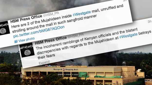 Images of Al-Shabab's tweets at the time of Westgate mall attacks