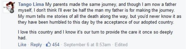 Facebook replies to Tat Wa Lay o­n his post o­n migrants: My parents made the same journey, and though I am now a father myself, I don't think I'll ever be half the man my father is for making the journey. My mum tells me stories of all the death along the way, but you'd never know it as they have been humbled to this day by the acceptance of our adopted country. I love this country and I know it's our turn to provide the care it o­nce so deeply had.