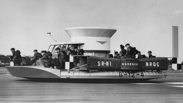 A Saunders-Roe hovercraft, with a group of Royal Marines on board, at the Farnborough air show, Sept 1959