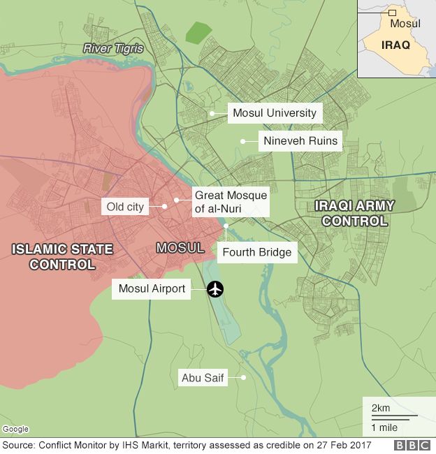 Map showing control of Mosul, Iraq (27 February 2017)
