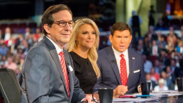 Fox News moderators from left, Chris Wallace, Megyn Kelly and Bret Baier, Aug 2015