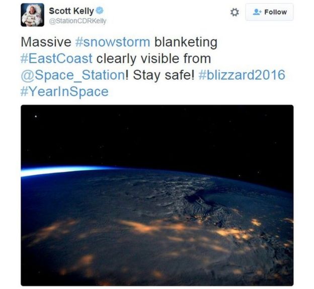 Astronaut Scott Kelly tweets: Massive #snowstorm blanketing #EastCoast clearly visible from @Space_Station! Stay safe! #blizzard2016 #YearInSpace