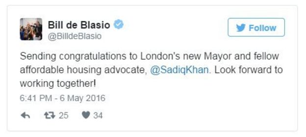 Bill de Blasio tweets: Sending congratulations to London's new Mayor and fellow affordable housing advocate, at Sadiq Khan. Look forward to working together!