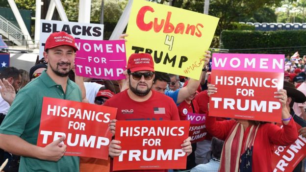Grupo de hispanos en un mitin de Trump.