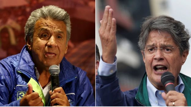 A composite picture of Ecuadorean presidential candidates Lenin Moreno and Guillermno Lasso