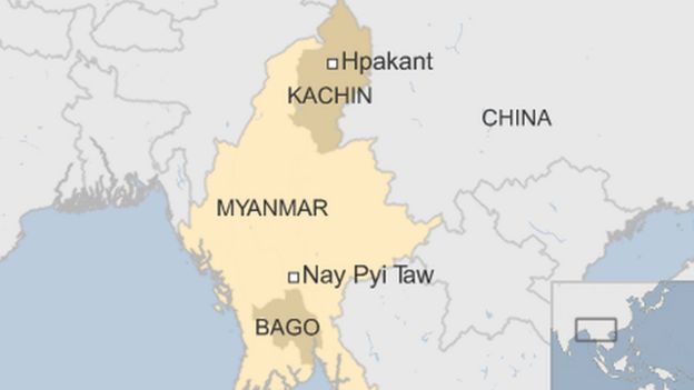 map of Myanmar, showing Hpakant in northern province of Kachin, plus Bago state