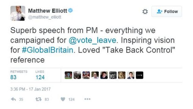 Matthew Elliott: Başbakan'dan süper bir konuşma - ayrılma kampanyasındaki her şey var. #Küreselİngiltere için ilham verici bir vizyon. 'Kontrolü geri alalım' atıfına bayıldım.