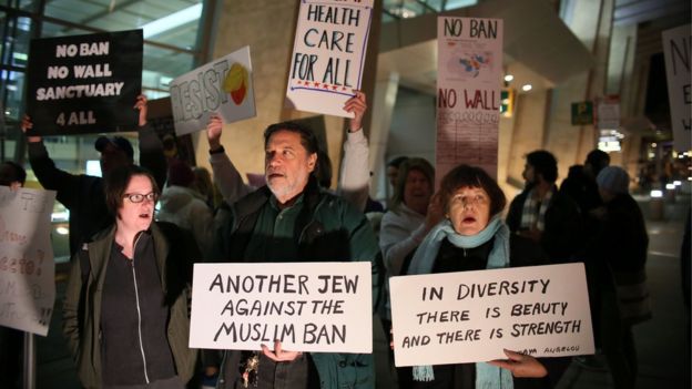 Protesters chant during a rally against the travel ban at San Diego International Airport on March 6, 2017 in San Diego, California