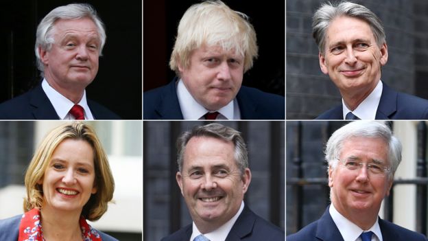 David Davis, Boris Johnson, Philip Hammond, Michael Fallon, Liam Fox, Amber Rudd (Clockwise from top left)