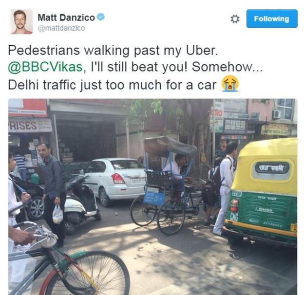 BBC Pop Up's Matt Danzico tweets about his Uber being stuck in traffic. Text reads: 