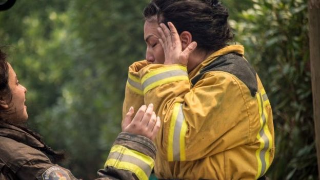 A firefighter mourns in the coastal resort of Llico, 26 January 2017