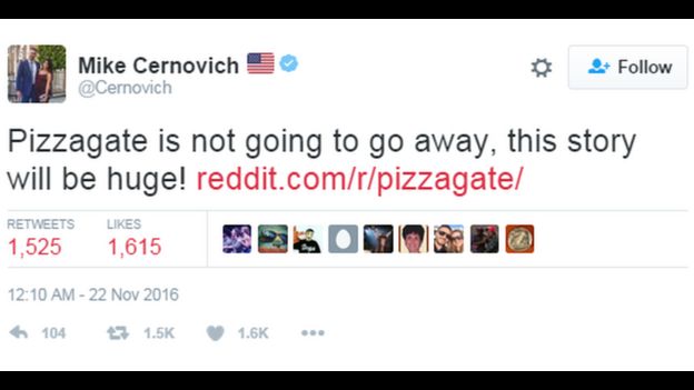 Tweet by Cernovich: Pizzagate is not going to go away!