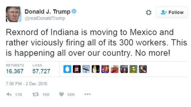 Donald Trump's tweet criticising Indiana firm Rexnord