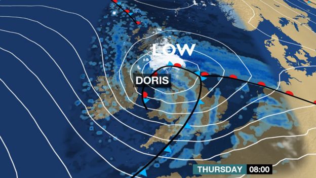 BBC Weather graphic of Storm Doris