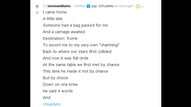 Serena Williams writes: I came home/ A little late/ Someone had a bag packed for me/ And a carriage awaited/ Destination: Rome/ To escort me to my very own 