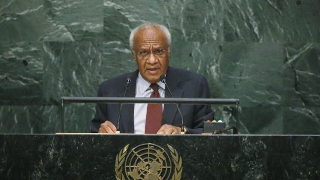 Prime Minister Meltek Sato Kilman Livtuvanu of Vanuatu addresses a plenary meeting of the United Nations Sustainable Development Summit 2015