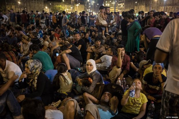 Migrants gather in front of Keleti station in central Budapest on September 1, 2015 in Budapest, Hungary.
