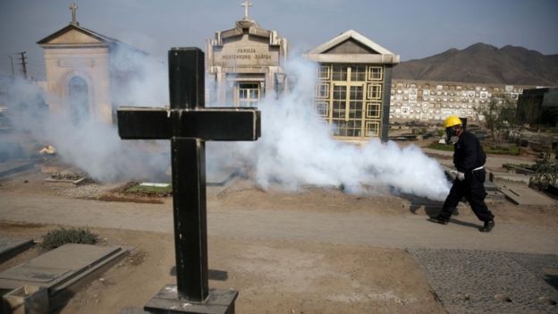 A health worker fumigates a cemetery in the Lima, Peru, where the virus is spreading