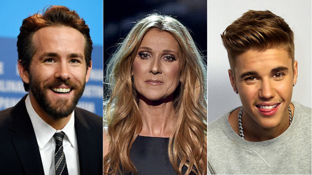 Ryan Reynolds, Celine Dion and Justin Bieber
