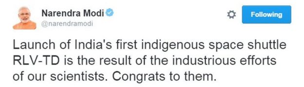 Launch of India's first indigenous space shuttle RLV-TD is the result of the industrious efforts of our scientists. Congrats to them.