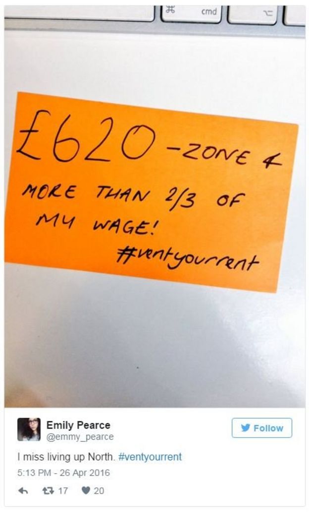 Emily Pearce tweets 'I miss living up North' and posts a photo of a post-it that says '£620 - Zone 4. More than 2/3 of my wage!'