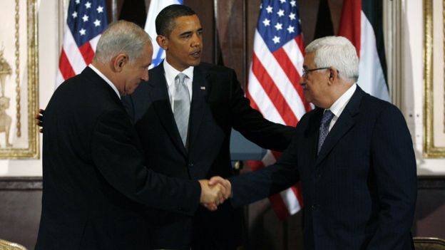 Benjamin Netanyahu, Barack Obama y Mahmoud Abbas en Nueva York.