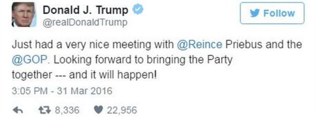 Tweet by Donald Trump about having a nice meeting with the RNC