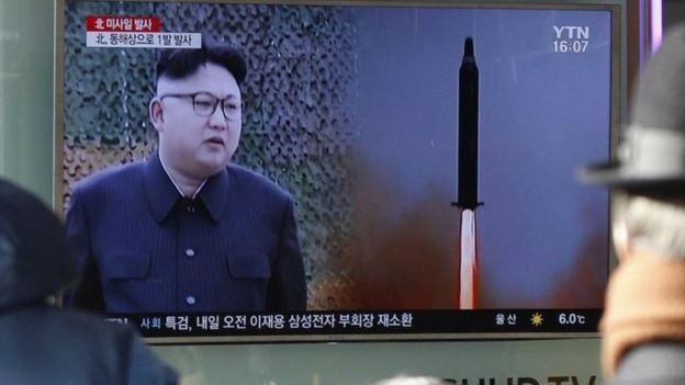 El líder Kim Jong-un observando el lanzamiento de un misil.