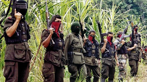 Members of the Colombian National Liberation Army (ELN) stand in the mountains of Perija near the border town of Cucuta