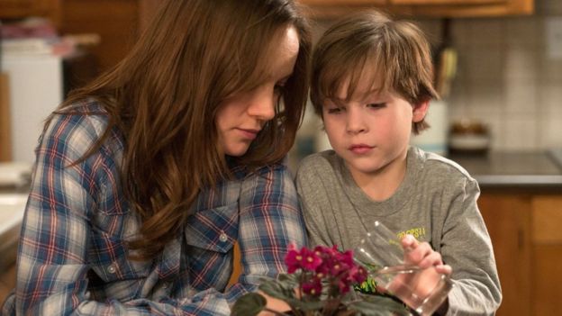 Brie Larson (left) and Jacob Tremblay in a scene from Room