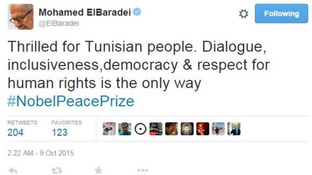 Mohamed ElBaradei tweets: Thrilled for Tunisian people. Dialogue, inclusiveness,democracy & respect for human rights is the only way #NobelPeacePrize